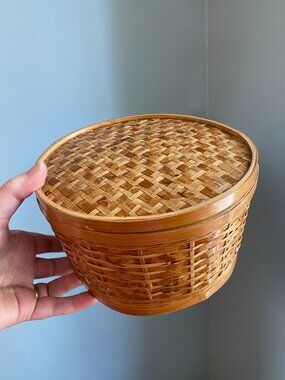 Handwoven Bamboo Lidded Basket With Woven Lid - 6" Diameter & 4.5" Height